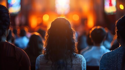 group of people praying at church conference blurred background with copy space religion photography