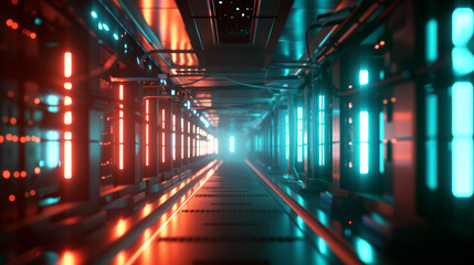 An illuminated tunnel of server racks with alternating blue and red lights, creating a high-tech and organized ambiance within a data center.