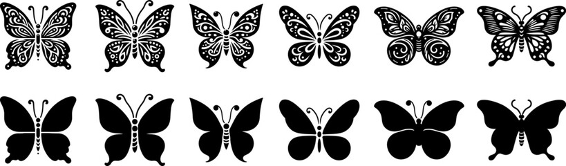 Set of vector butterfly icons . Butterfly silhouettes collection . Exotic flying butterflies logo side view.