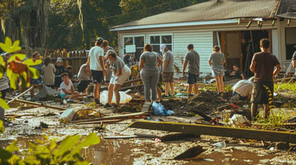 Fototapeta na wymiar A crowd of people working together to clean up a flood-stricken village, emphasizing resilience and communal responsibility.