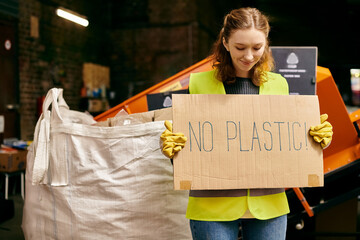 A young volunteer in gloves and safety vest holding a sign that reads no plastic at a waste sorting...