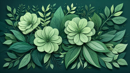 a digital illustration of a vibrant garden with a variety of greenery and flowers.