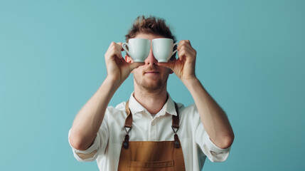 addicted hipster bartender keeps cups of coffee near face, addict bearded man wants to wake up in morning, caffeine addiction concept