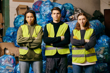 Three eco-conscious volunteers in gloves and safety vests stand before a mound of plastic bags,...
