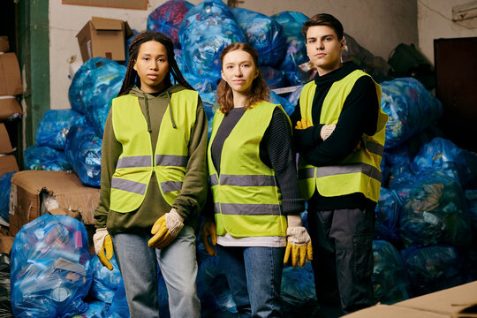 A diverse group of individuals, including a young volunteer in gloves and a safety vest, standing together while sorting waste for eco-conscious purposes.