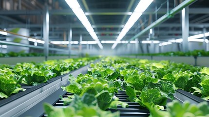 hydroponic cabbage packing line conveyor belt in modern factory plant industrial agriculture concept 3d rendering