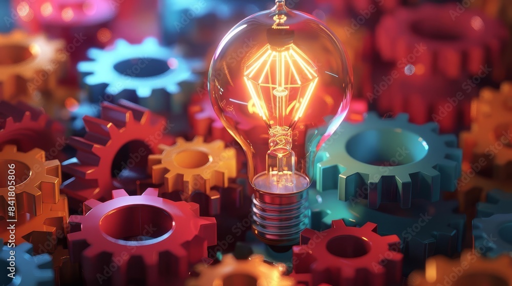 Poster illuminated light bulb surrounded by colorful gears creative problem solving 3d illustration