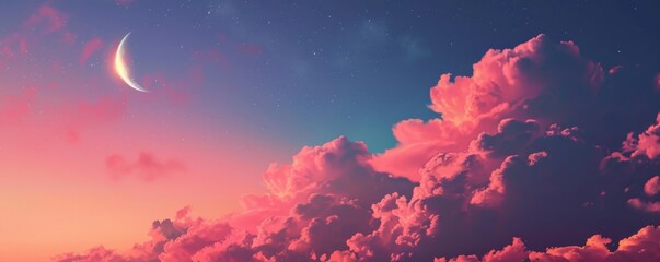 Crescent moon over pink clouds during sunset, dreamy sky. Serenity and peaceful nature concept