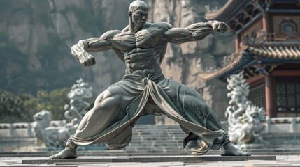 A close-up shot of a stone statue of a muscular martial artist, captured in a fighting pose, against the backdrop of a traditional Chinese temple.