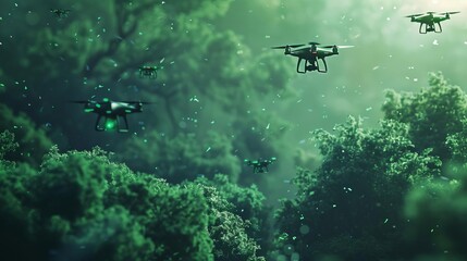 Naklejka premium intelligent drone swarms conducting precision tree planting for reforestation futuristic environmental concept illustration