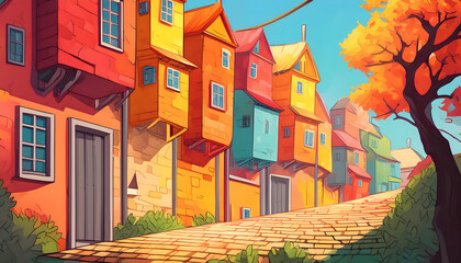 Color between orange, red, yellow Colorful hanging houses on city, on digital art concept, Generative AI.