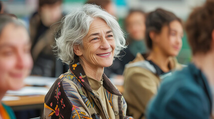 Fototapeta premium Mature woman with silver hair portrait amongst a professional gathering at some educational workshop