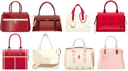 collection of stylish woman handbags, purses