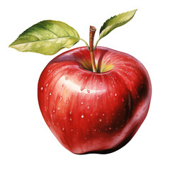 High-quality image of a fresh red apple with water droplets and green leaves, perfect for food and nutrition-related projects.