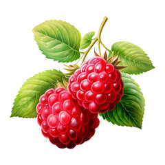 Vibrant close-up illustration of ripe raspberries with green leaves. Perfect for food, nature, and botanical themes. High quality and detailed.
