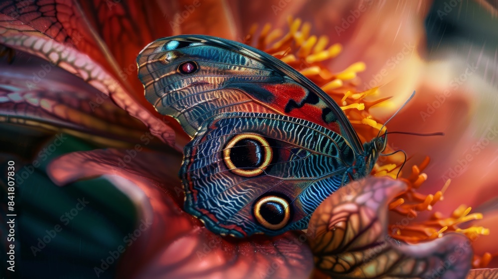Aufkleber a macro image of a colorful butterfly resting on a flower petal, showcasing its intricate wing patte