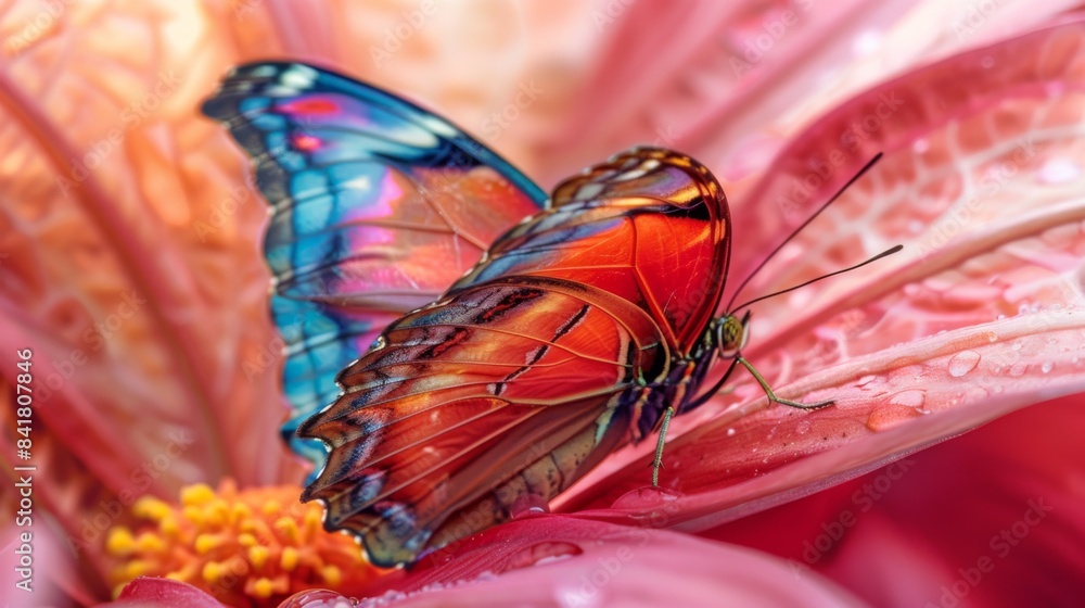 Poster A macro image of a colorful butterfly resting on a flower petal, showcasing its intricate wing patterns.
