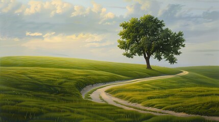 Sunny countryside landscape with trees, green fields, and clouds, Ai generate