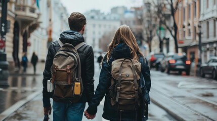 Fototapeta premium loves journey couple walking hand in hand city center back view concept photo