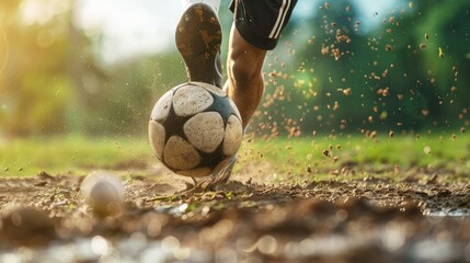 Soccer player feet kicking ball on dirty field, close up