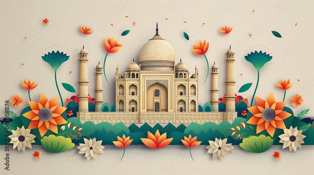 Wall mural illustration of the taj mahal surrounded by flowers - Wall murals