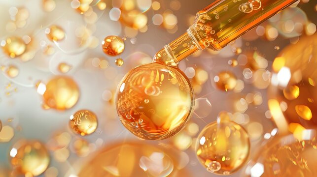 luminous elixir golden yellow bubbles and collagen serum molecules in cosmetic product 3d rendering
