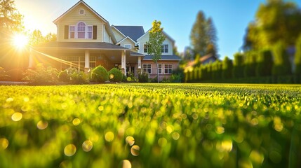 Obraz premium Beautiful Suburban Home with Bright Front Lawn in Sunshine