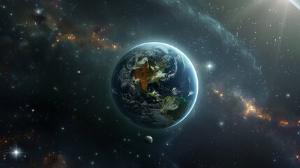 Obraz premium Stunning Image of Earth in Outer Space, Showing Planet's Vibrant Blue Oceans and Continent Details, Surrounded by the Vast Universe and Distant Stars