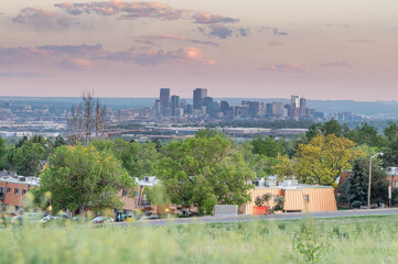 The Sunset  time in Denver , Colorado , USA  Downtown City glowing Nightscape Skyline of the Mile High City