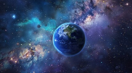 Obraz premium Stunning Image of Earth in Outer Space, Showing Planet's Vibrant Blue Oceans and Continent Details, Surrounded by the Vast Universe and Distant Stars