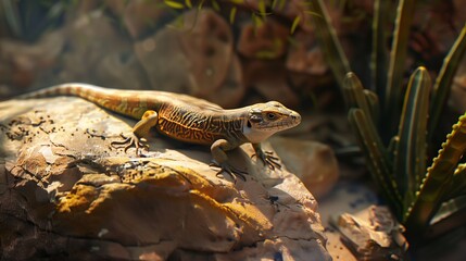 Fototapeta premium A skink basking on a sunlit rock in a desert terrarium