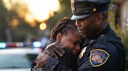 An emotional victim's family member being comforted by a police officer outside a crime scene, highlighting empathy and support during a crisis.