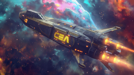 Futuristic Spaceship Soaring Through Vibrant Cosmic Nebula
