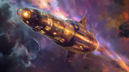 Futuristic Spaceship Soaring Through Vibrant Cosmic Nebula