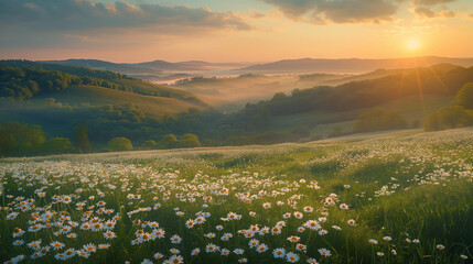 A breathtaking landscape during what appears to be sunset or sunrise. The foreground is dominated by a lush meadow filled with white daisies and a few yellow flowers