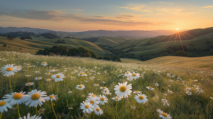 A breathtaking landscape during what appears to be sunset or sunrise. The foreground is dominated by a lush meadow filled with white daisies and a few yellow flowers