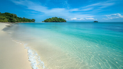 beach with crystal-clear turquoise waters that gently lap against a white sandy shore. In the distance, there's a lush green island or islet, surrounded by the azure sea