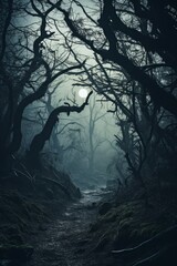Spooky foggy haunted forest with full moon