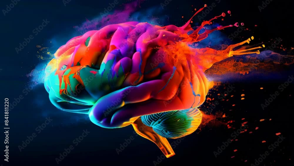 Aufkleber a colorful brain with a splash of paint on it. the brain is surrounded by a dark background