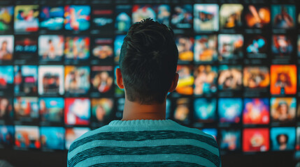 Man Contemplating a Wall of Television Screens