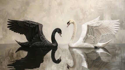 Black and white swans facing each other on calm water, reflection concept. Harmony and contrast in nature.