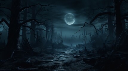 Spooky foggy haunted forest with full moon