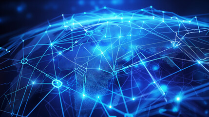 Global Network Connections with Digital Nodes and Blue Background