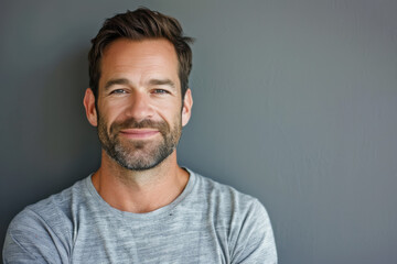 A close up portrait of a young man with a subtle smile