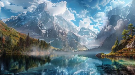majestic mountain lake in fantasy landscape digital art