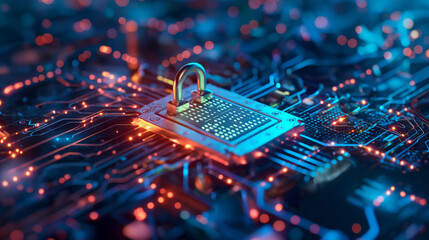 Cybersecurity Concept: Padlock on Digital Circuit Board