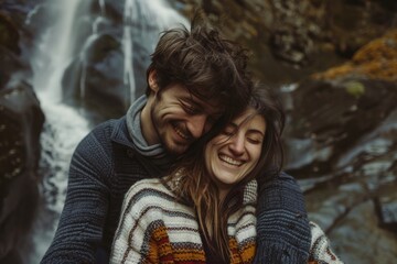 Fototapeta premium Portrait of a joyful couple in their 20s wearing a cozy sweater over backdrop of a spectacular waterfall