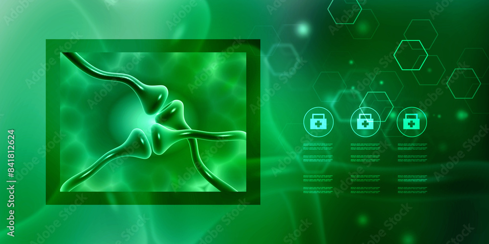 Poster 3d rendering synapse and neuron cells sending electrical chemical signals