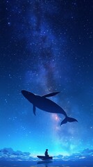 Lone fisherman watching a giant whale swimming across the milky way galaxy