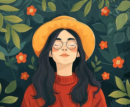 A woman dressed in bright summer clothes, a wide-brimmed hat and glasses against a background of tropical leaves and flowers. Summer holiday, vacation in the tropics